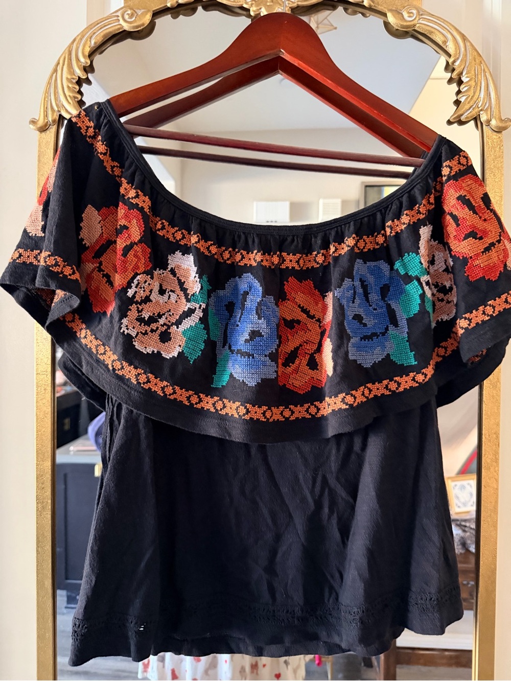 Free People Black Off-Shoulder Top with Multicolor Floral Embroidery